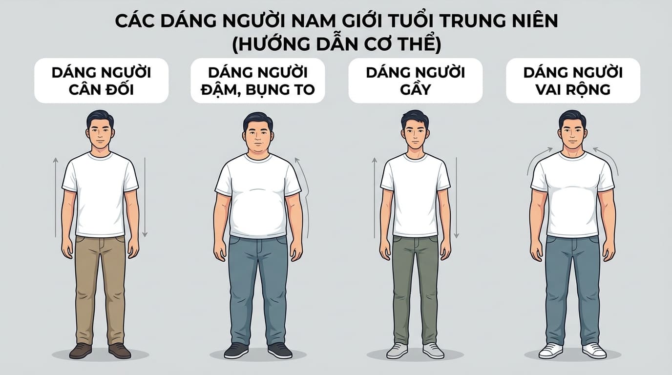 Các dạng vóc dáng phổ biến của nam trung niên - cân đối, đầy đặn, gầy, vai rộng