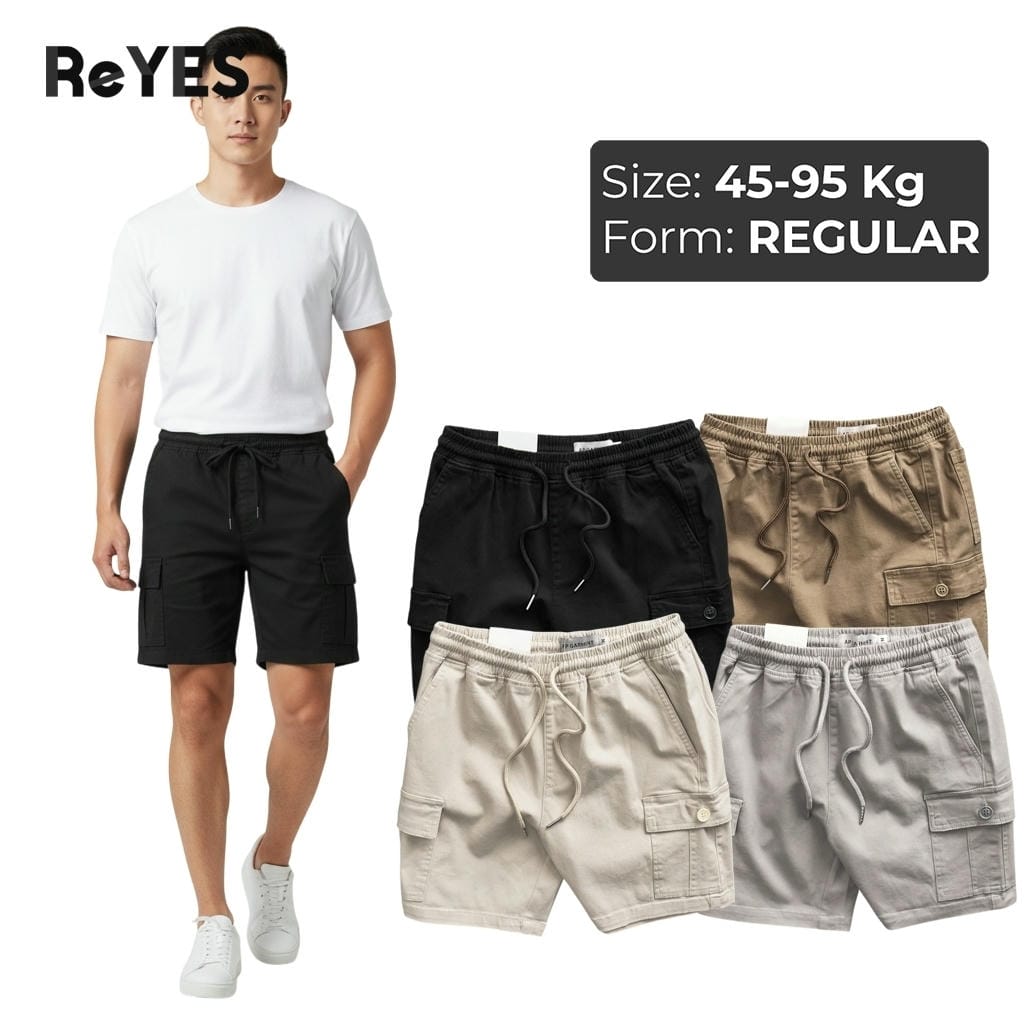 Quần short nam cargo túi hộp, kaki co giãn, lưng thun dây rút, đứng phom, đi chơi đi làm ReYES RPS009